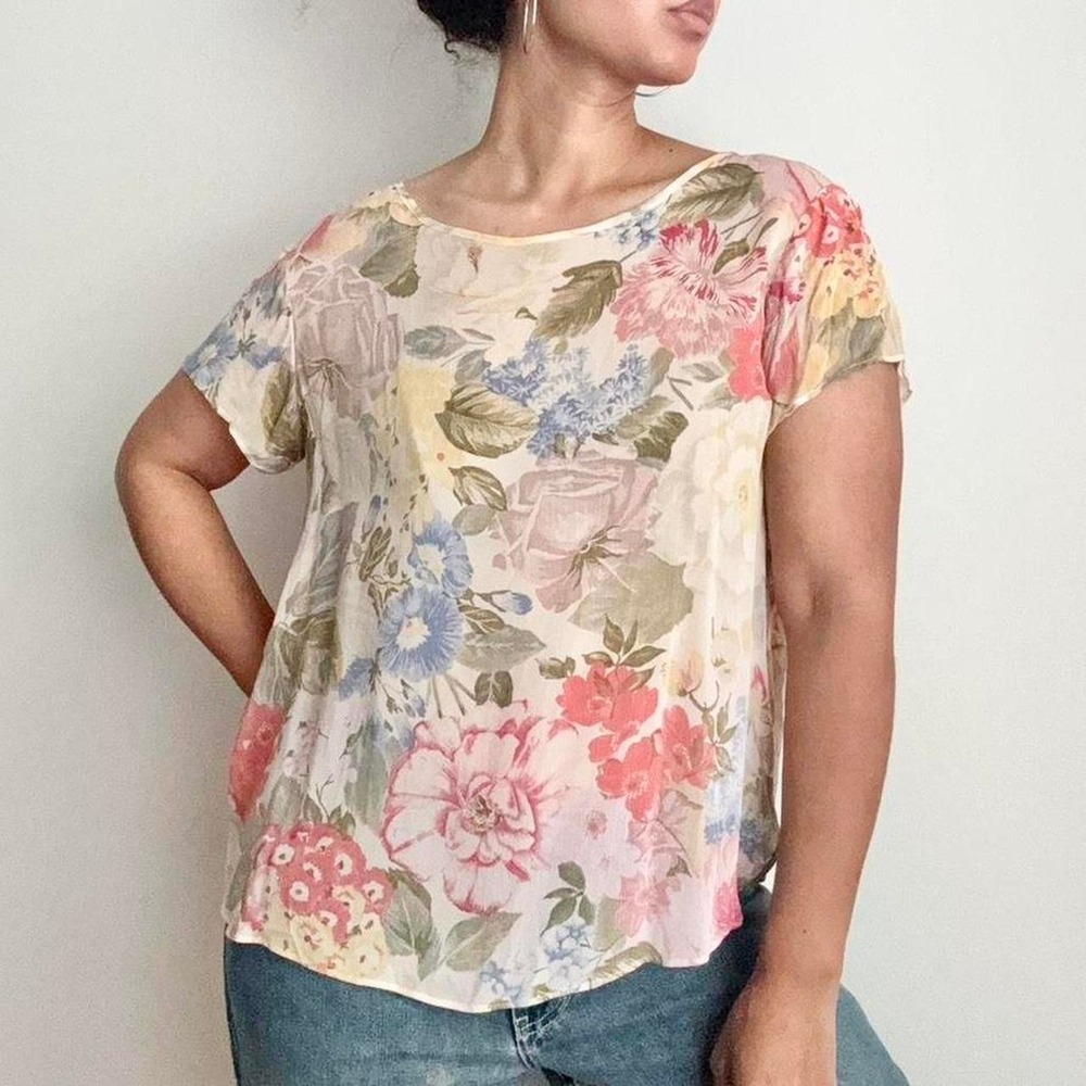 Vintage 80s/90s floral blouse semi sheer blue yellow pink‎ flower rose